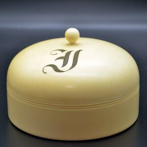 French Ivory Celluloid Powder Box Monogrammed E 5” Tall B-1